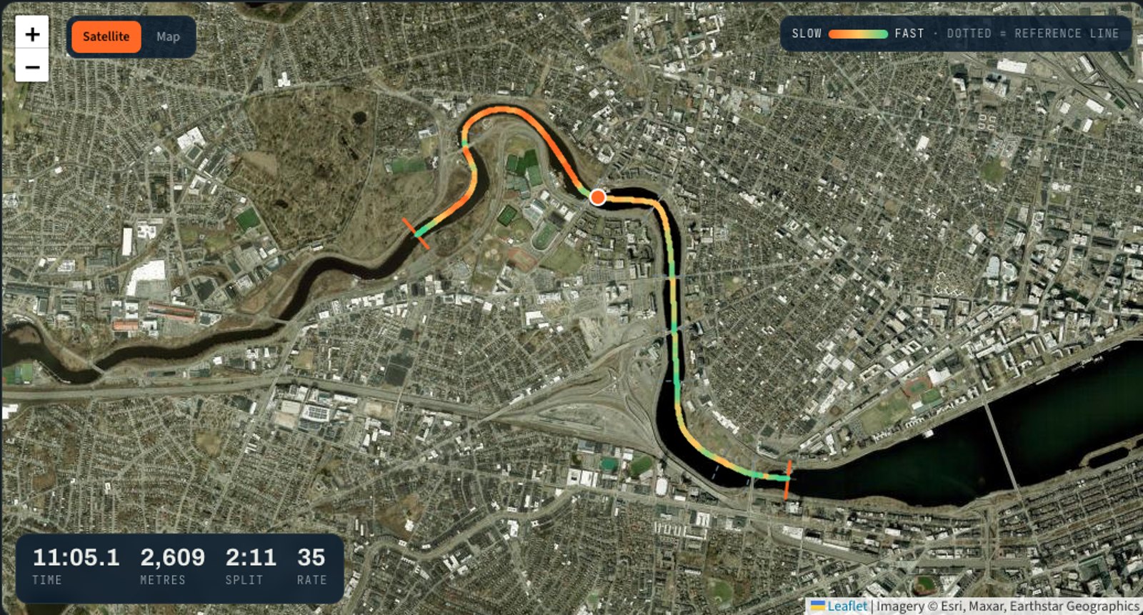 A real Head of the Charles race laid over the satellite view, the line coloured by split, with live time, metres, split and rate